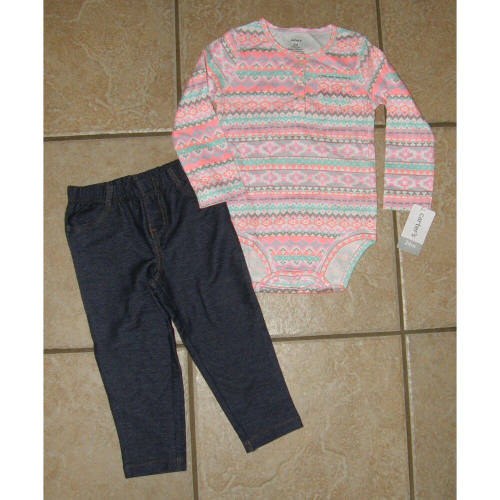 NEW Girls Sz 24 Months Colorful Shirt & Denim Pull On Pants 2 Pc Outfit CARTERS